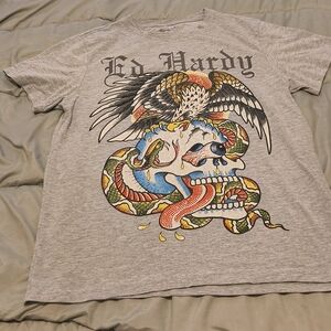 Ed Hardy Gray Tee with Colorful Skull and Snake